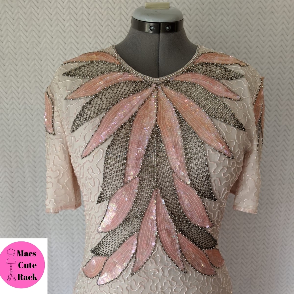 Vintage 80s Stenay Pale Pink Beaded Dress